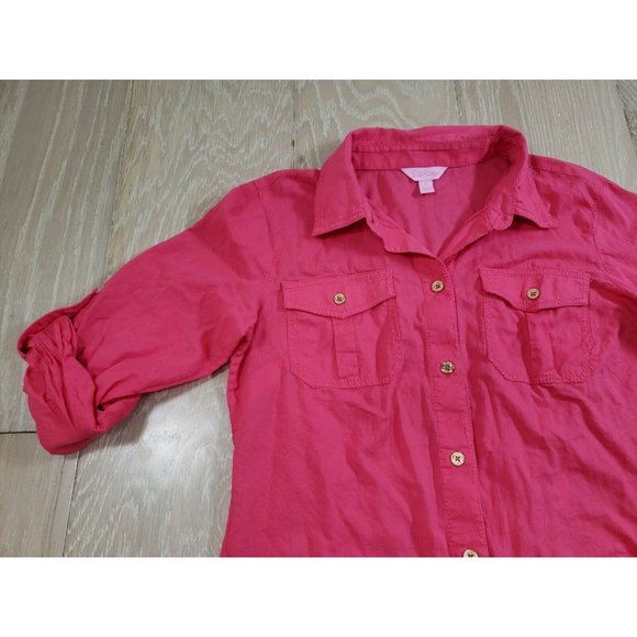 Lilly Pulitzer Cruiser Camp Shirt Button Up Pink Size 2 Gold Tone Buttons Blouse - Picture 3 of 9